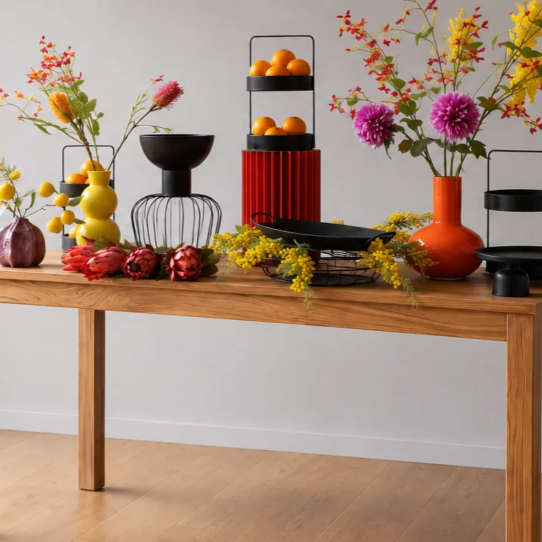 Tischdekoration mit Riffelvase, Etagere und Blumen.